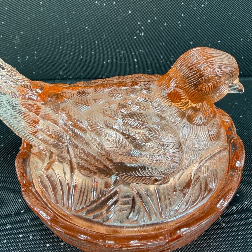 Heisey Hsinchu Glass Pink Bird on Nest Trinket Dish Basketweave 4x6 Vintage - Picture 10 of 15